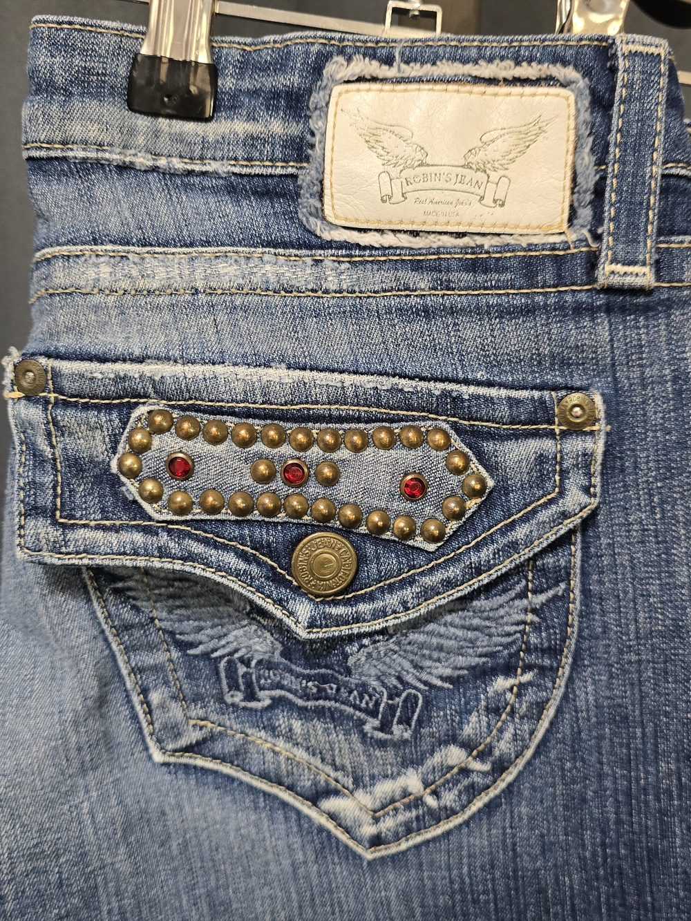 Robin's Jean Blue Denim Jeans with Studded Pocket & Red Rhinestones